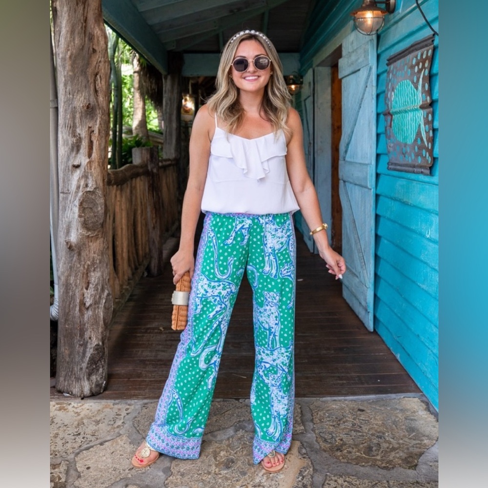 Lilly Pulitzer Bal Harbor Palazzo Pants Emerald Green On The Prowl Sz L